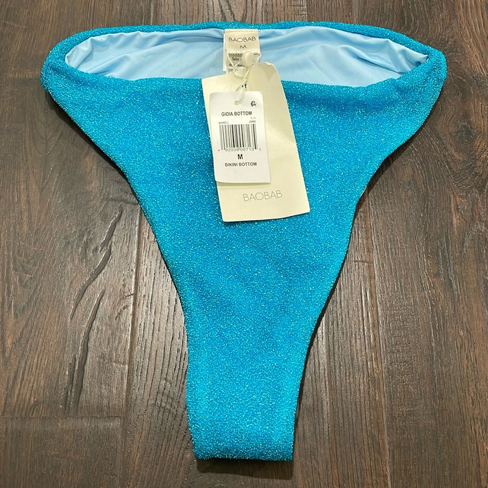 NWT BAOBAB GIOIA turquoise shimmer metallic lined luxury high rise skimpy Medium